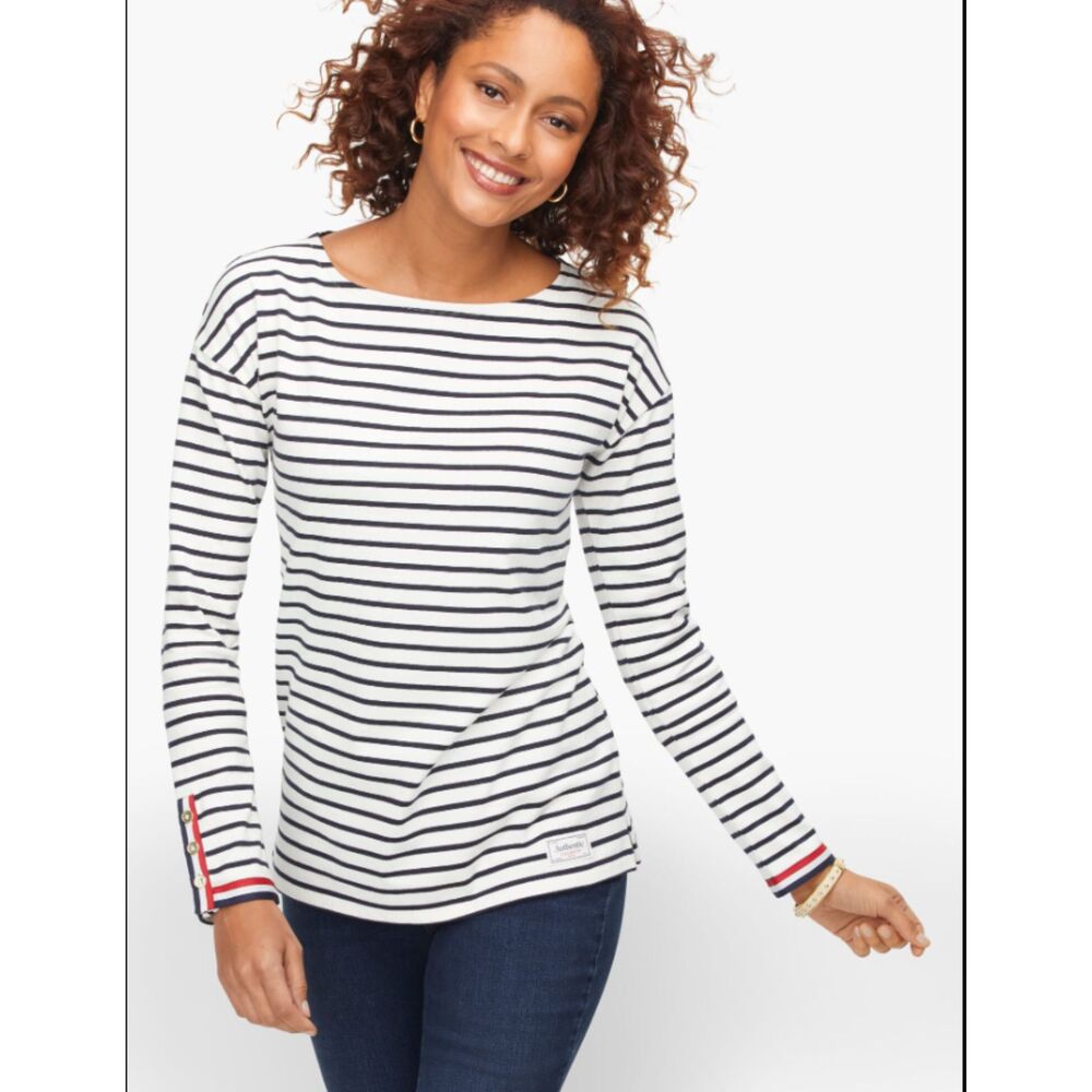 Medium Petite Boatneck White Navy Blue Rhone Stripe Talbots Long Sleeve Shirt - Picture 2 of 7